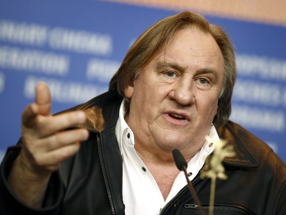 FILE - Actor Gerard Depardieu addresses the media during the press conference for the film &#039;Saint Amour&#039; at the 2016 Berlinale Film Festival in Berlin, Germany, Friday, Feb. 19, 2016. French ...