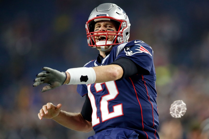 Jan 4, 2020; Foxborough, Massachusetts, USA; New England Patriots quarterback Tom Brady (12) reacts before a game against the Tennessee Titans at Gillette Stadium. Mandatory Credit: Greg M. Cooper-USA ...