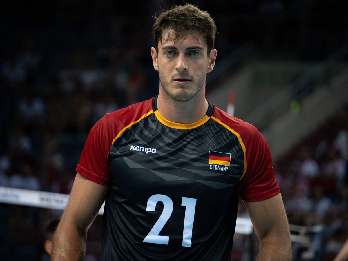 Germany V Slovenia - 21st Memorial Of Hubert Jerzy Wagner German national volleyball team player Tobias Krick is playing in a game between Germany and Slovenia in Krakow, Poland, on July 12, 2024. Thi ...