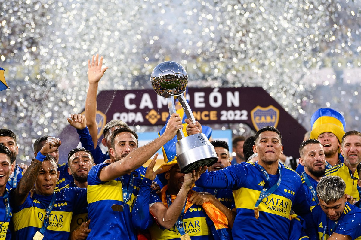 CORDOBA CITY, ARGENTINA-MAY 22: Boca juniors players celebrate becoming champions of Copa de la Liga Profesional de Futbol Final at Mario Kempes Stadium in Cordoba City, Argentina on May 22, 2022. Man ...
