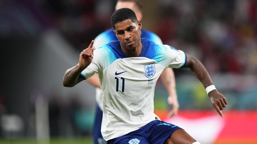 QAT: Wales and England. FIFA World Cup, WM, Weltmeisterschaft, Fussball Qatar 2022 Marcus Rashford of England celebrates his goal during the FIFA World Cup Qatar 2022 match, Group B, between Wales and ...