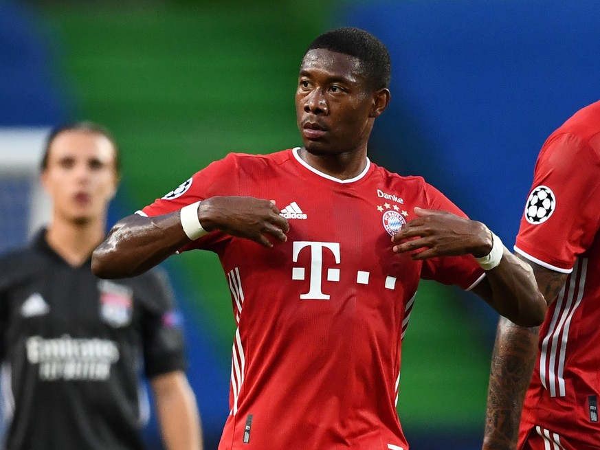 Soccer Football - Champions League Semi Final - Olympique Lyonnais v Bayern Munich - Jose Alvalade Stadium, Lisbon, Portugal - August 19, 2020 Bayern Munich&#039;s David Alaba celebrates after Serge G ...