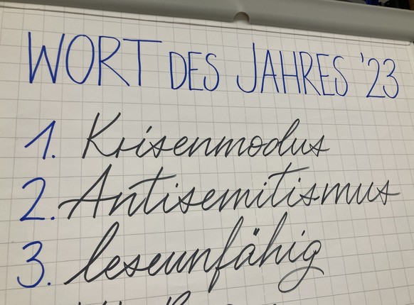 08.12.2023, Wiesbaden: Das Wort des Jahres �Krisenmodus� steht an erster Stelle vor den W�rtern �Antisemitismus� und �leseunf�higkeit� auf einer Tafel in den R�umlichkeiten der Gesellschaft f�r deutsc ...