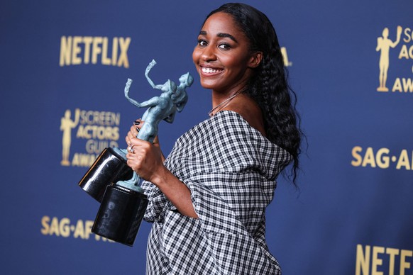 SAG Awards Press Room - LA Ayo Edebiri, winner of the Outstanding Performance by a Female Actor in a Comedy Series and Outstanding Performance by an Ensemble in a Comedy Series awards for The Bear pos ...