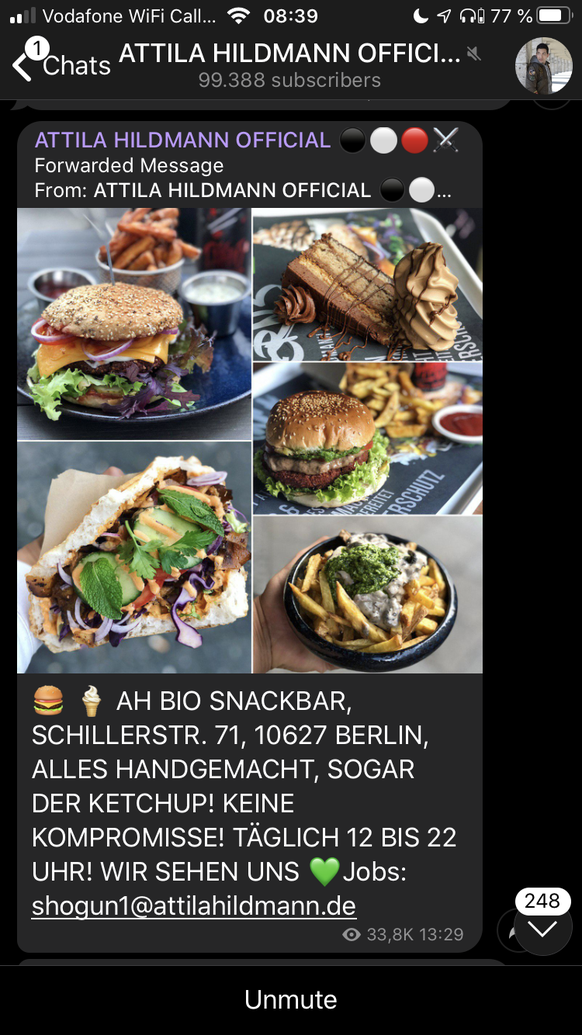 Auch sein Restaurant in Berlin preist Hildmann im Telegram-Chat an.