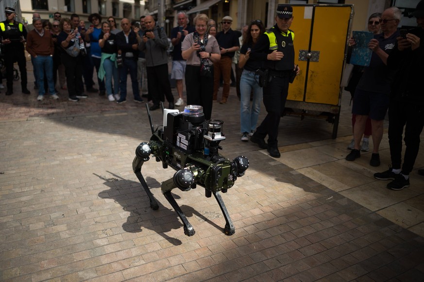 Presentation pilots police robots dogs in Malaga, Spain - 19 Mar 2024 A robotic police dog prototype is seen patrolling Larios street as people look its during its presentation at Plaza de la Constitu ...