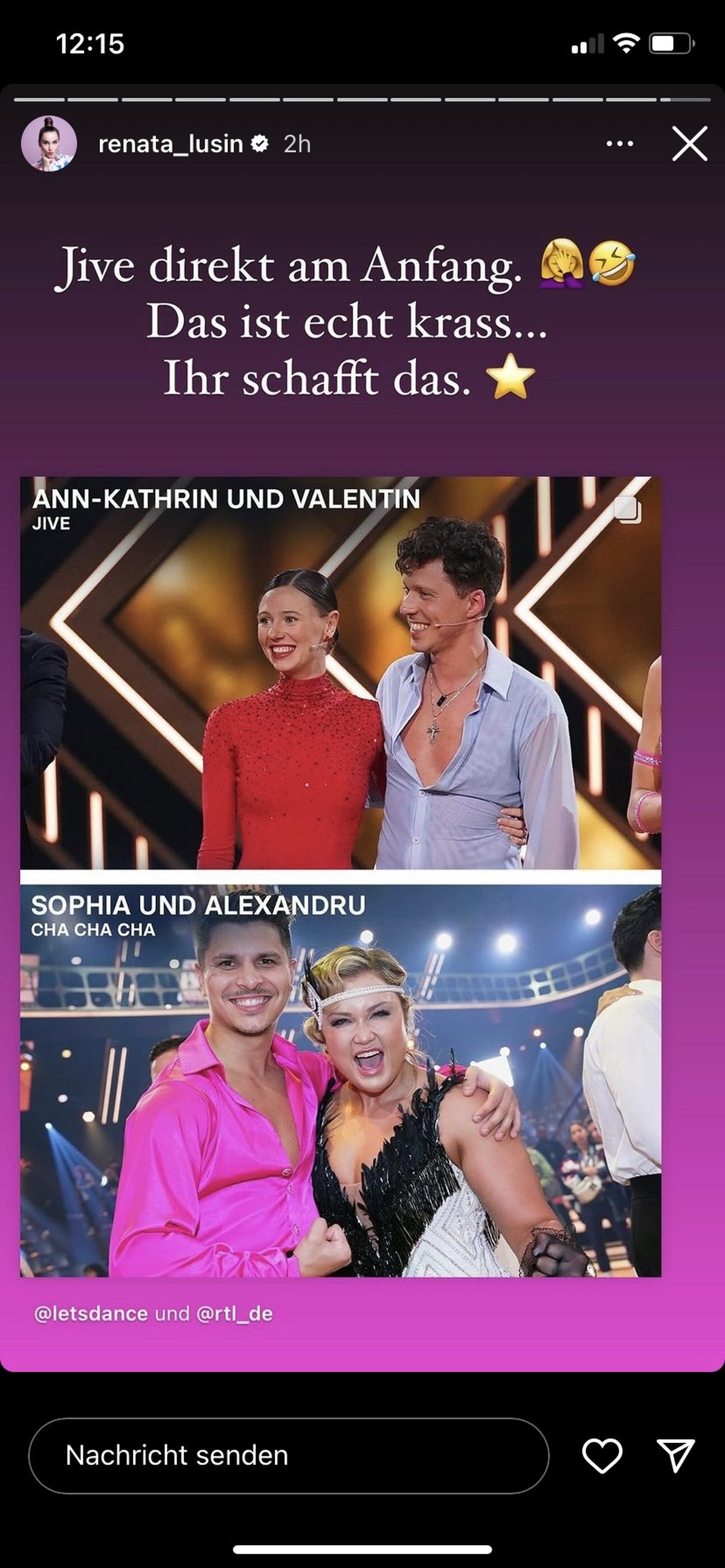 Renata Lusin reagiert bei Instagram auf den Tanz ihres Ehemannes.