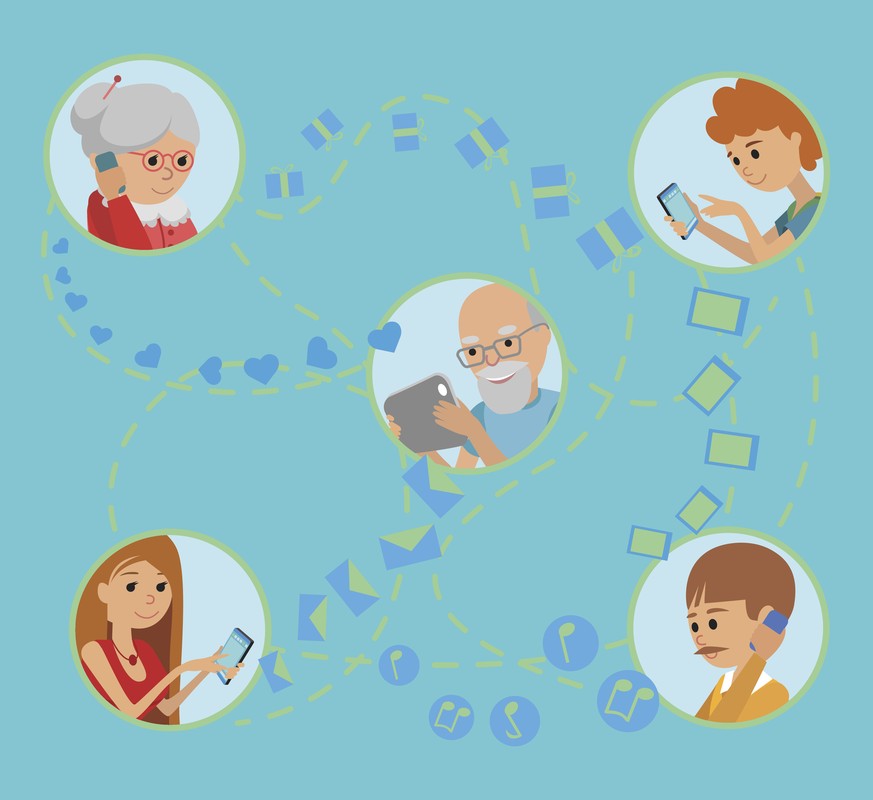 Family vector illustration flat style people faces online social media communications. Man woman parents grandparents with tablet phone. Content and humans connected via chat share like e-mail.