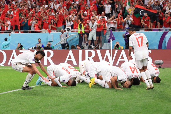 Football - FIFA World Cup, WM, Weltmeisterschaft, Fussball - Group F - Belgium v Morocco 27th November 2022 - FIFA World Cup - Group F - Belgium v Morocco - Abdelhamid Sabiri of Morocco celebrates the ...