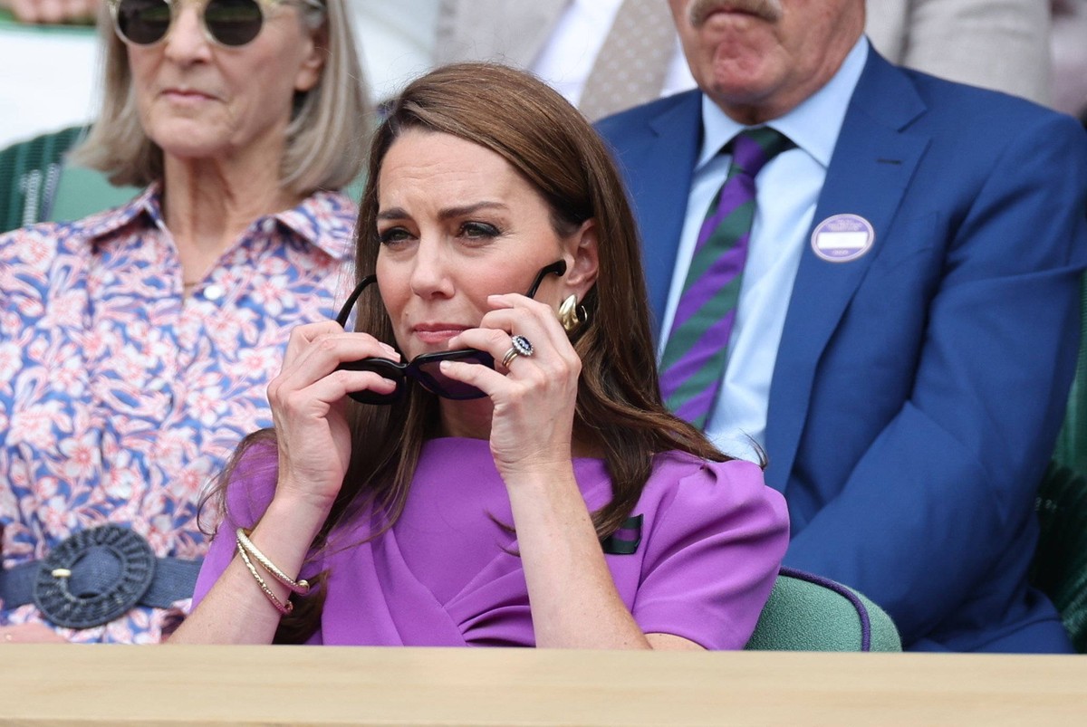 . 14/07/2024. London, United Kingdom. Kate Middleton , Princess Charlotte and Pippa Middleton in the Royal Box for the Mens Singles Final on the final day of the Wimbledon Tennis Championships in Lond ...