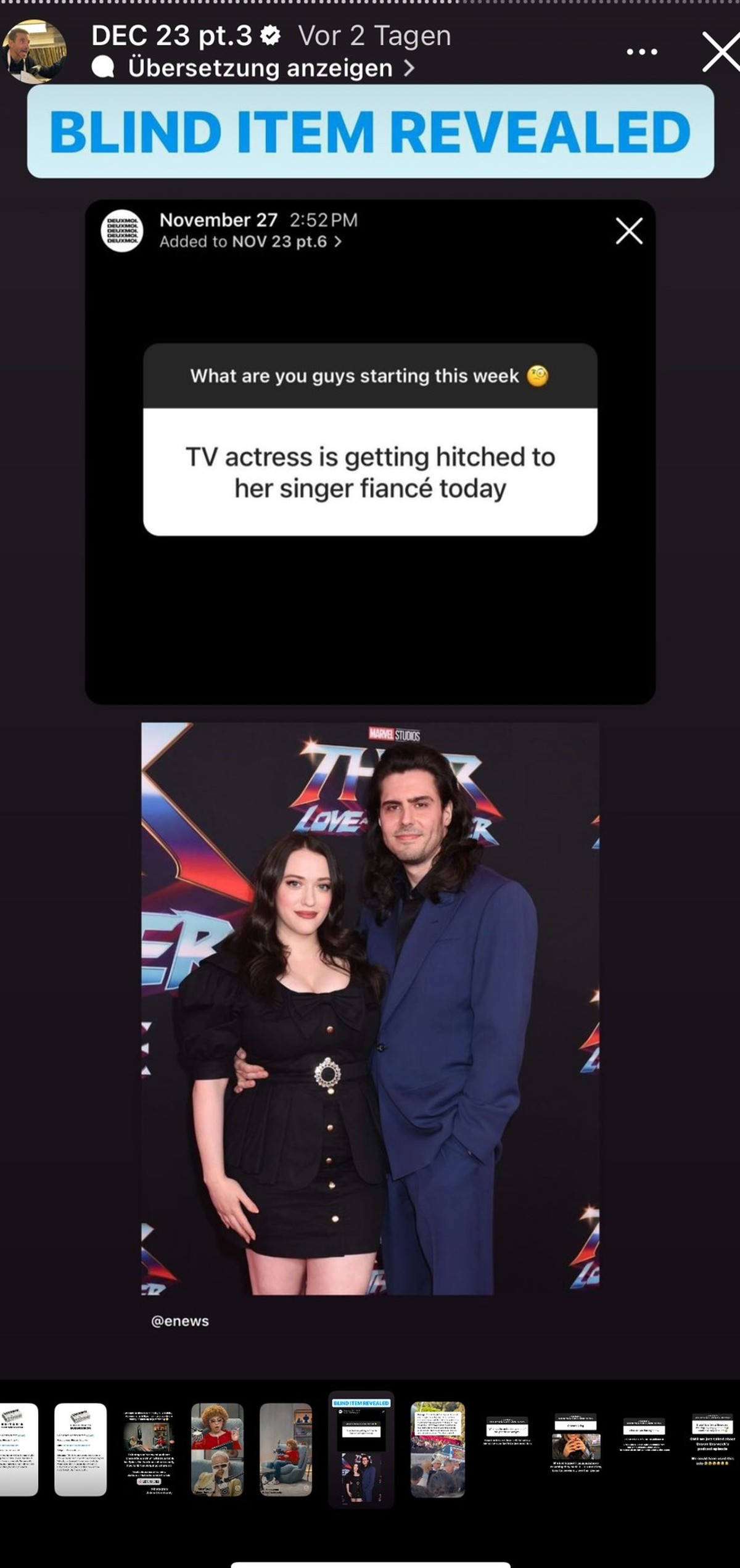 "Deux Moi" behauptet, zuerst von der Verlobung von Kat Dennings gewusst zu haben.
