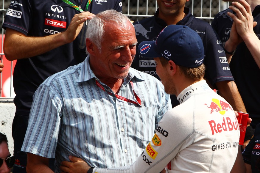 Formula One World Championship, WM, Weltmeisterschaft Rd 5, Spanish Grand Prix, Race, Barcelona, Spain, Sunday 22 May 2011. Dietrich Mateschitz AUT CEO and Founder of Red Bull congratrulates Sebastian ...