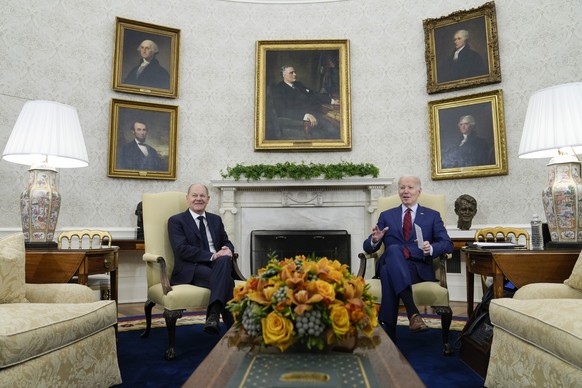 President Joe Biden speaks as he meets with German Chancellor Olaf Scholz in the Oval Office of the White House in Washington, Friday, March 3, 2023. (AP Photo/Susan Walsh)