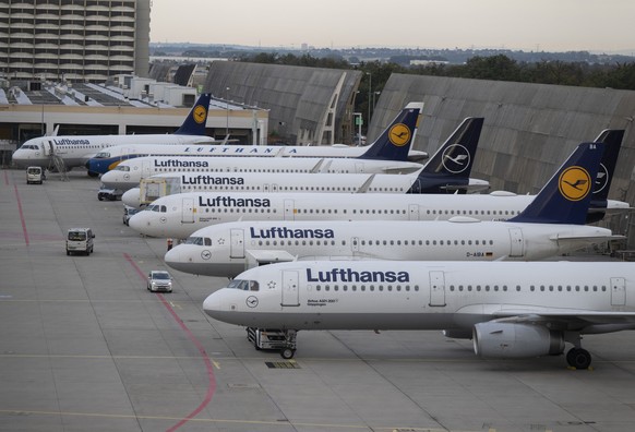 ARCHIV - 02.09.2022, Hessen, Frankfurt/Main: Passagiermaschinen der Lufthansa stehen auf dem Flughafen Frankfurt. Wegen des ganztägigen Pilotenstreiks der Gewerkschaft Vereinigung Cockpit sind zahlrei ...