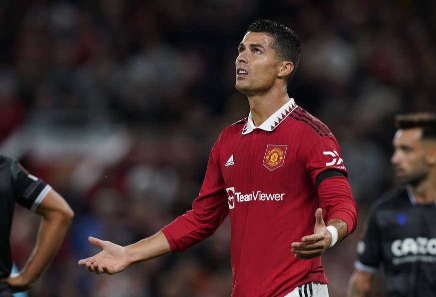 Manchester, England, 8th September 2022. Cristiano Ronaldo of Manchester United, ManU in disbelief as his headed goal is ruled out during the UEFA Europa League match at Old Trafford, Manchester. Pict ...