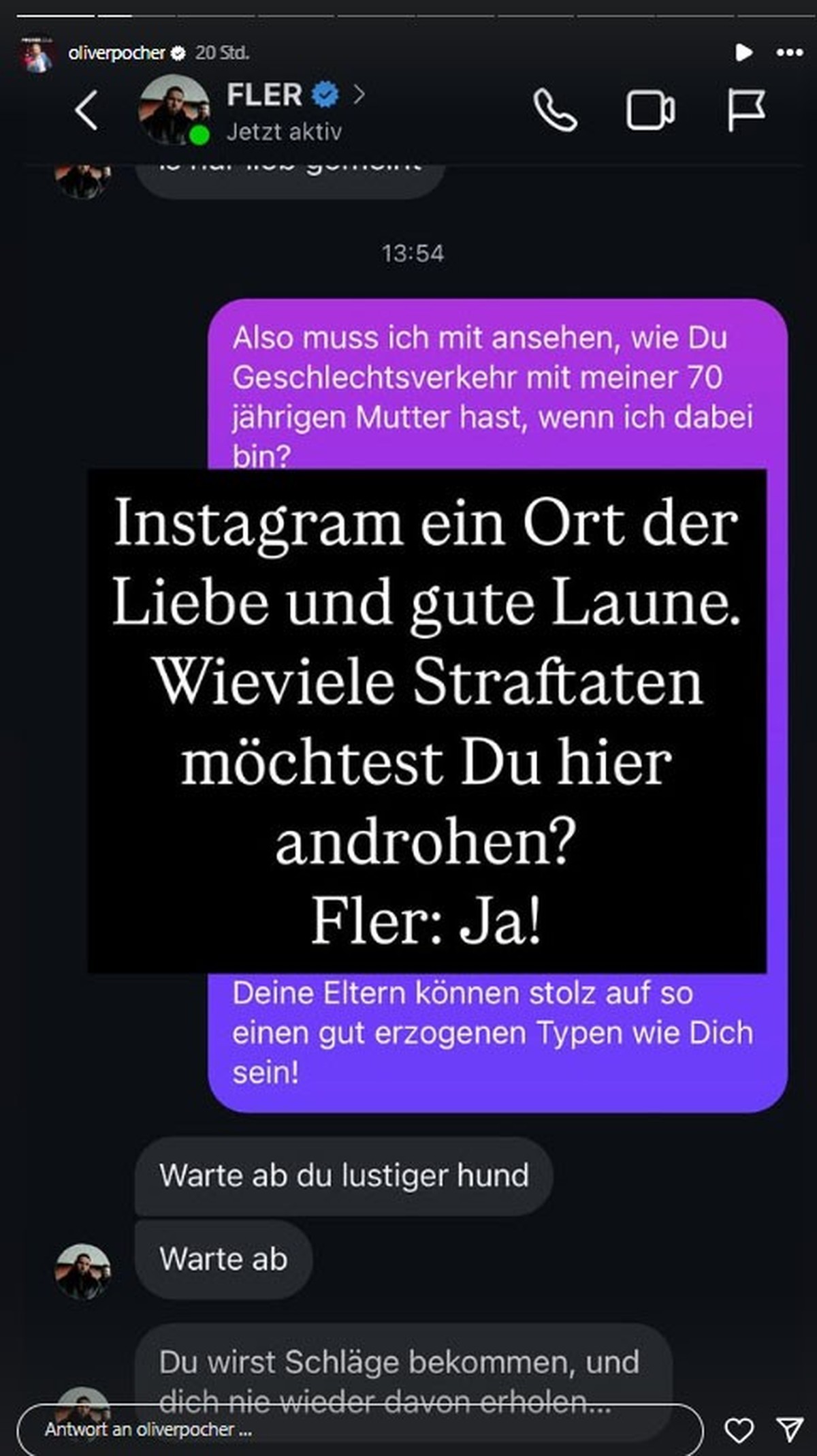 Oliver Pocher teilt einen Nachrichten-Verlauf mit Fler bei Instagram.