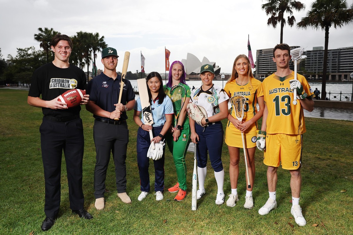 SYDNEY, AUSTRALIA - OCTOBER 17: Atlhetes representing program sports for the Los Angeles 2028 Olympic Games pose for photographs, (from left to right) Cayden Close, Gridiron, Jake Burns, Baseball, Lau ...
