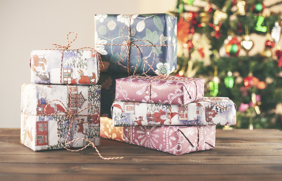 Christmas composition. Christmas gift, Christmas tree.