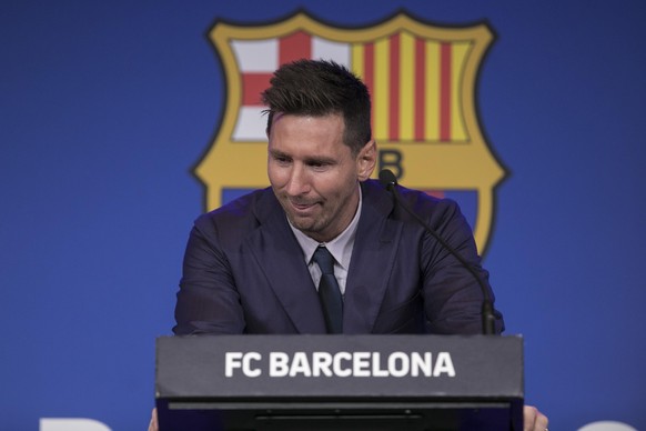 BARCELONA, SPAIN - AUGUST 08: FC Barcelona Argentinian forward Lionel Messi during the press conference explaining about his farewell from the FC. Barcelona at the Camp Nou stadium in Barcelona, Spain ...