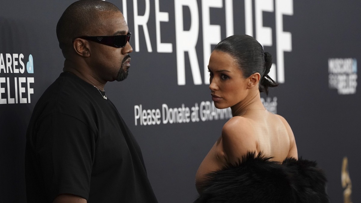 Kanye West, left, and Bianca Censori arrive at the 67th annual Grammy Awards on Sunday, Feb. 2, 2025, in Los Angeles. (Photo by Jordan Strauss/Invision/AP)