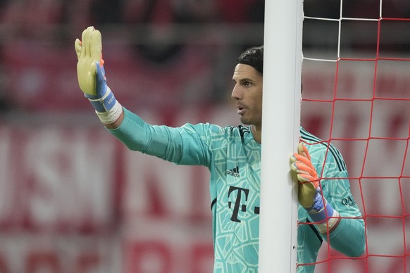 Bayern's goalkeeper Yann Sommer gestures during the German Bundesliga soccer match between RB Leipzig and FC Bayern Munich at the Red Bull Arena in Leipzig, Germany, Jan. 20, 2023. (AP Photo/Matthias  ...
