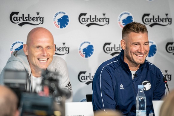 Pressemoede med Nicklas Bendtner og Staale Solbakken i Parken, Koebenhavn, onsdag den 4. september 2019. F.C. Koebenhavn har hentet Nicklas Bendtner i norske Rosenborg BK og skrevet kontrakt med ham g ...