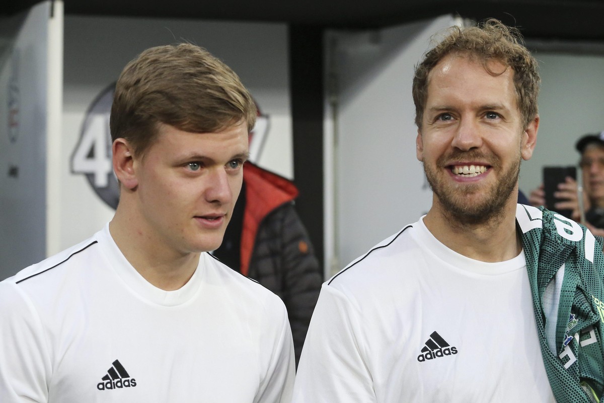 Mick Schumacher (L) and Sebastian Vettel (R) during the Partita Del Cuore 2019 charity football match at Allianz Stadium on May 27, 2019 iin Turin, Italy. (Photo by Massimiliano Ferraro/NurPhoto)