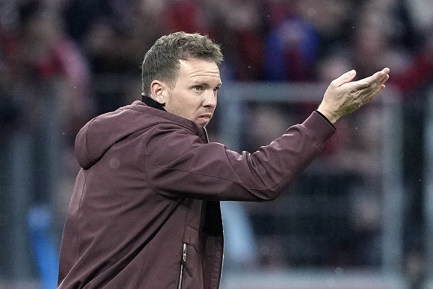 Bayern head coach Julian Nagelsmann reacts during the German Bundesliga soccer match between Bayer Leverkusen and Bayern Munich in Leverkusen, Germany, Sunday, March 19, 2023. (AP Photo/Martin Meissne ...