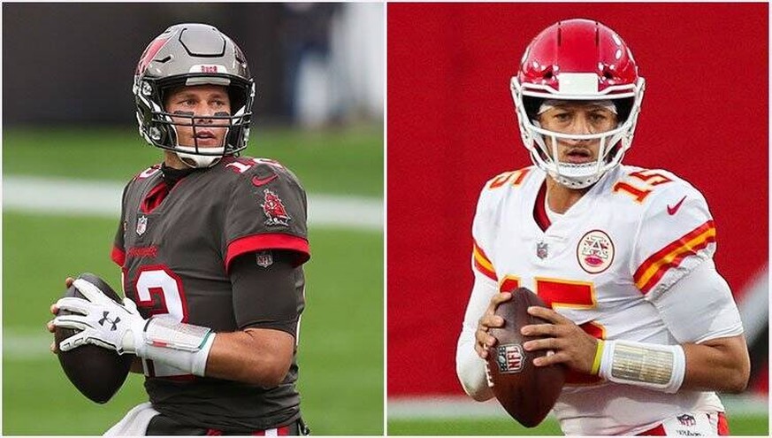 January 29, 2021, Florida, USA: Quarterbacks Tom Brady of the Bucs, left, and Patrick Mahomes of the Chiefs, right, will meet in Super Bowl 55 on Feb. 7 at Raymond James Stadium in Tampa. USA - ZUMAs7 ...