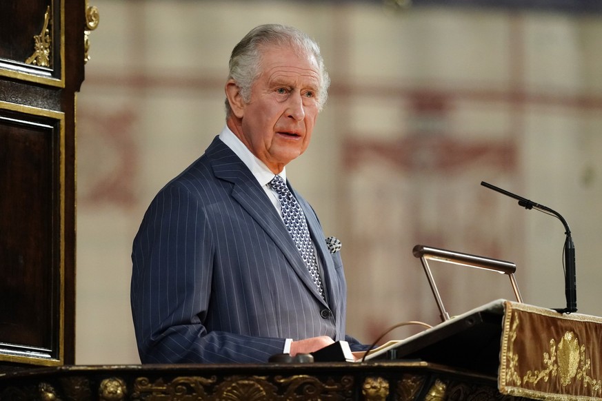 LONDON, ENGLAND - MARCH 13: King Charles III delivers his Commonwealth Day message during the annual Commonwealth Day Service at Westminster Abbey on March 13, 2023 in London, England. (Photo by Jorda ...