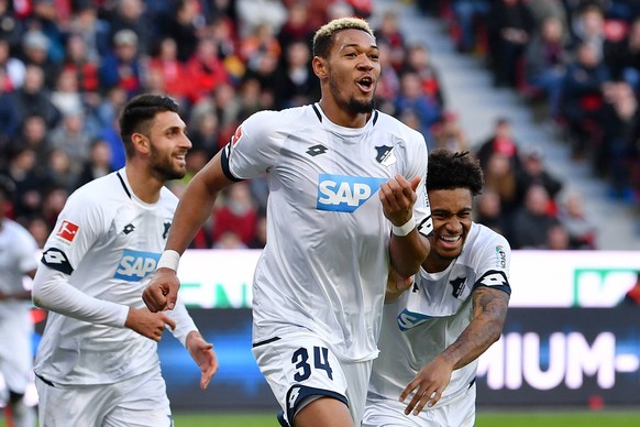 (181104) -- LEVERKUSEN, Nov. 4, 2018 -- Joelinton (C) of TSG 1899 Hoffenheim celebrates after scoring during the Bundesliga match between Bayer 04 Leverkusen and TSG 1899 Hoffenheim in Leverkusen, Ger ...