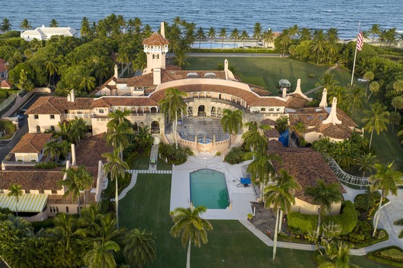 FILE - This is an aerial view of President Donald Trump's Mar-a-Lago estate, Aug. 10, 2022, in Palm Beach, Fla. The Justice Department on Friday, Aug. 26, released a partially blacked-out document exp ...