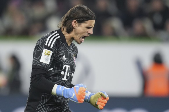 Bayern's goalkeeper Yann Sommer reacts during the German Bundesliga soccer match between VfL Wolfsburg and FC Bayern Munich in Wolfsburg, Germany, Sunday, Feb. 5, 2023. (AP Photo/Michael Sohn)