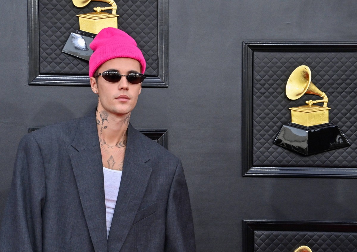 Justin Bieber arrives for the 64th annual Grammy Awards at the MGM Grand Garden Arena in Las Vegas, Nevada on Sunday, April 3, 2022. PUBLICATIONxINxGERxSUIxAUTxHUNxONLY LAV20220403657 JIMxRUYMEN