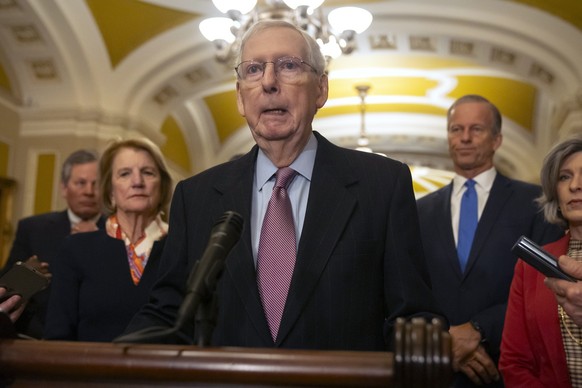 Senate Minority Leader Mitch McConnell of Ky., speaks during a press availability on Capitol Hill, Tuesday, Feb. 27, 2024, in Washington. President Joe Biden implored the top four leaders of Congress  ...