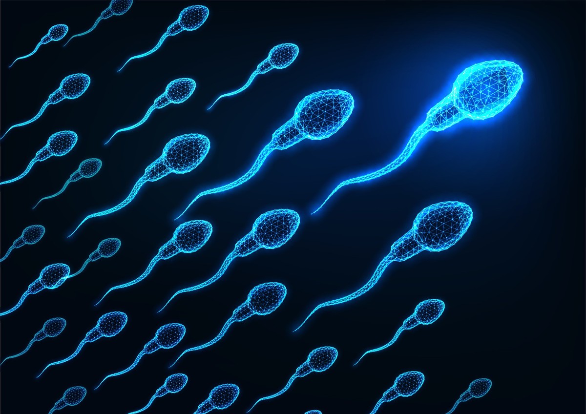 Futuristic glowing low polygonal human sperm cells on dark blue background. Male reproductive cells. Modern wire frame mesh design vector illustration.