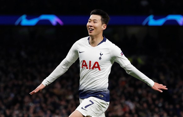 Soccer Football - Champions League Quarter Final First Leg - Tottenham Hotspur v Manchester City - Tottenham Hotspur Stadium, London, Britain - April 9, 2019 Tottenham&#039;s Son Heung-min celebrates  ...