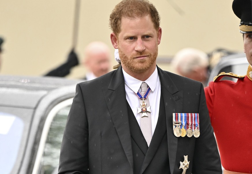 LONDON, ENGLAND - MAY 06: Prince Harry, Duke of Sussex arrives for the Coronation of King Charles III and Queen Camilla at Westminster Abbey on May 6, 2023 in London, England. The Coronation of Charle ...