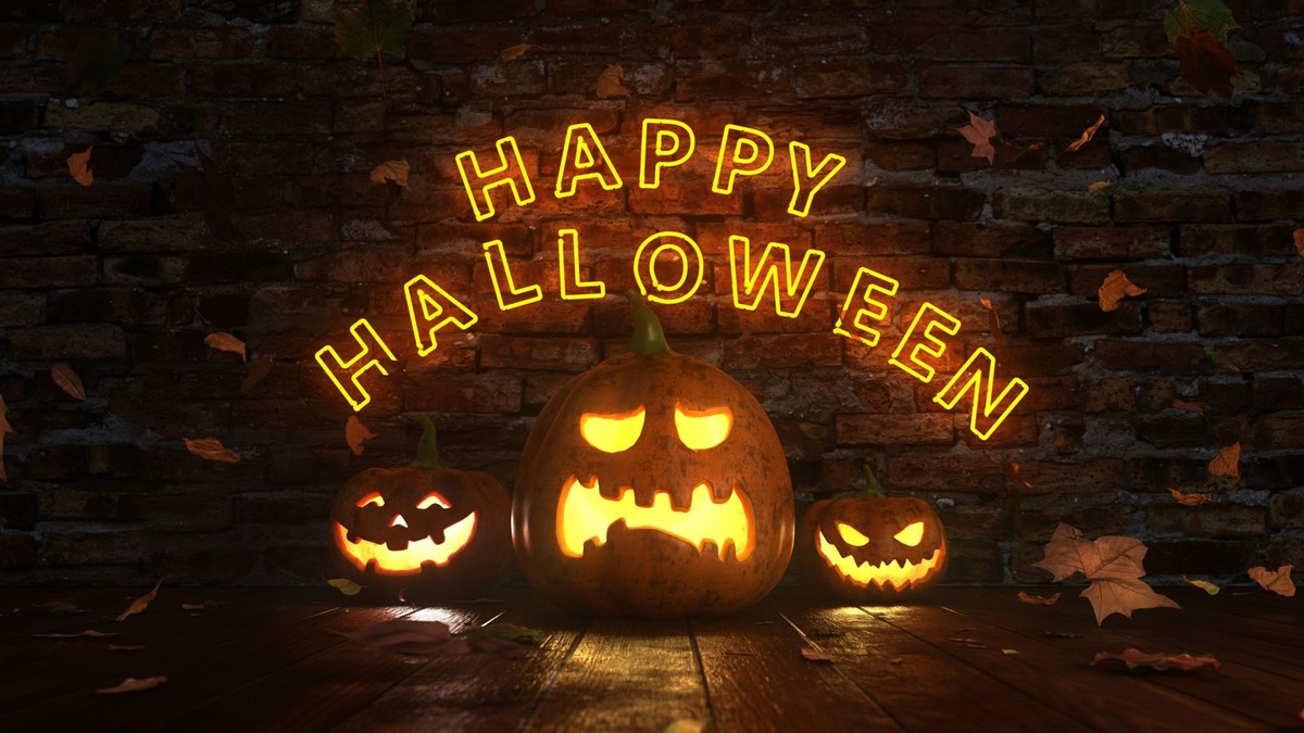 Happy Halloween Autumn Foliage Halloween pumpkin under the falling autumn leaves. 3d illustration.