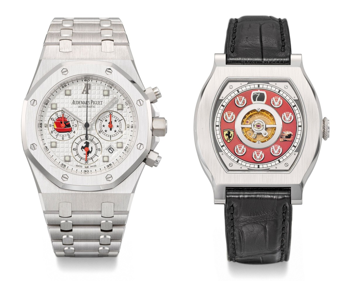 HANDOUT - 20.03.2024, Schweiz, Genf: Die Kombo zeigt ein Audemars Piguet Royal Oak-Chronograph (l) und die Journe Vagabondage 1 Model-Uhr, beide aus dem Besitz von Michael Schumacher (undatierte Aufna ...