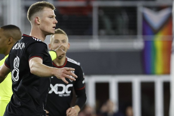 MLS, Fussball Herren, USA Orlando City SC at D.C. United Mar 11, 2023 Washington, District of Columbia, USA D.C. United midfielder Chris Durkin 8 celebrates after scoring a goal against Orlando City S ...