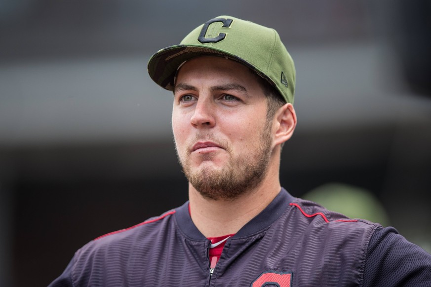 CLEVELAND, OH - MAY 28: Cleveland Indians Starting pitcher Trevor Bauer (47) in the dugout during the sixth inning of the Major League Baseball game between the Kansas City Royals and Cleveland Indian ...