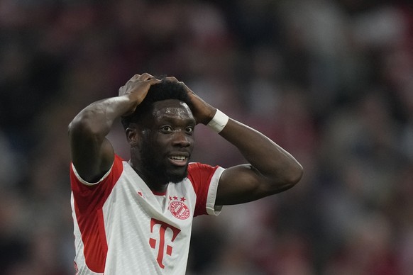 FILE -Bayern&#039;s Alphonso Davies reacts during the German Bundesliga soccer match between FC Bayern Munich and SC Freiburg at the Allianz Arena stadium in Munich, Germany, Oct. 8, 2023. Bayern Muni ...