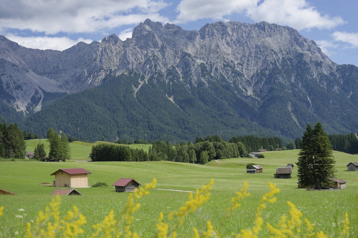 Alpenblick von den Buckelwiwesen bei Mittenwald auf das Karwendelgebirge, Karwendel, Karwendelspitze, Isartal, Isar, Kr