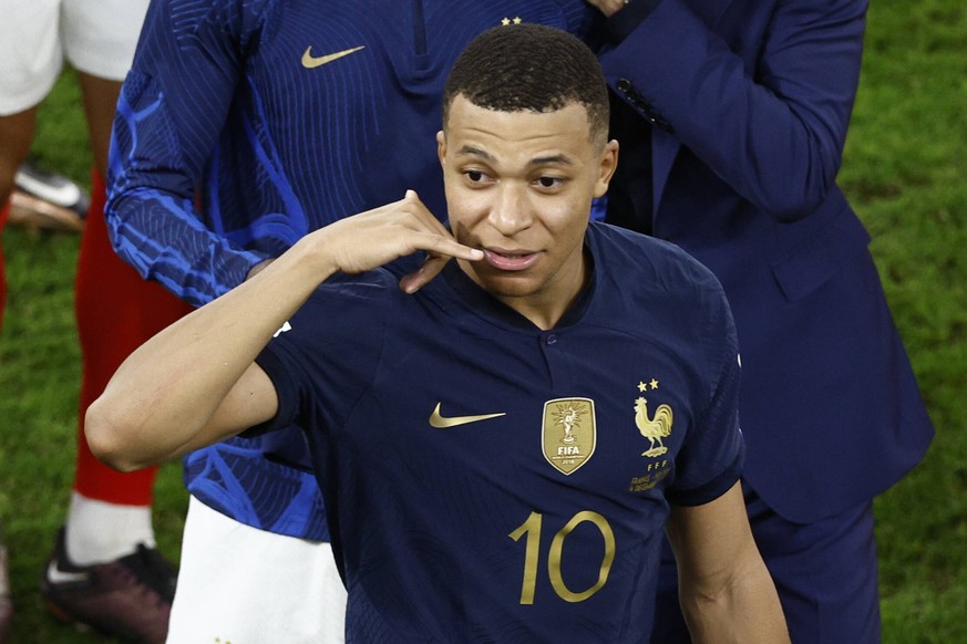 Kylian Mbappe of France reacts after the FIFA round 16 soccer match between France and Poland at Al Thumama a stadium in Doha, Qatar, 04 December 2022. World Cup 2022: France vs. Poland ACHTUNG: NUR R ...