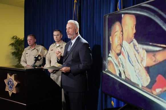 Clark County District Attorney Steve Wolfson speaks during a news conference on an indictment in the 1996 murder of rapper Tupac Shakur, Friday, Sept. 29, 2023, in Las Vegas. (AP Photo/John Locher)