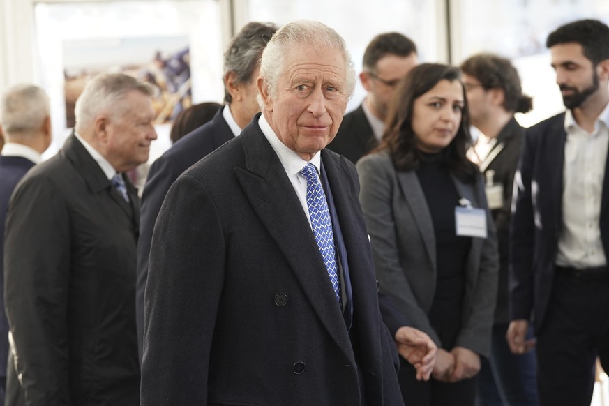 King Charles III talks with members of the Syrian diaspora community after officially launching Syria&#039;s House, a temporary Syrian community tent in Trafalgar Square, central London, where members ...