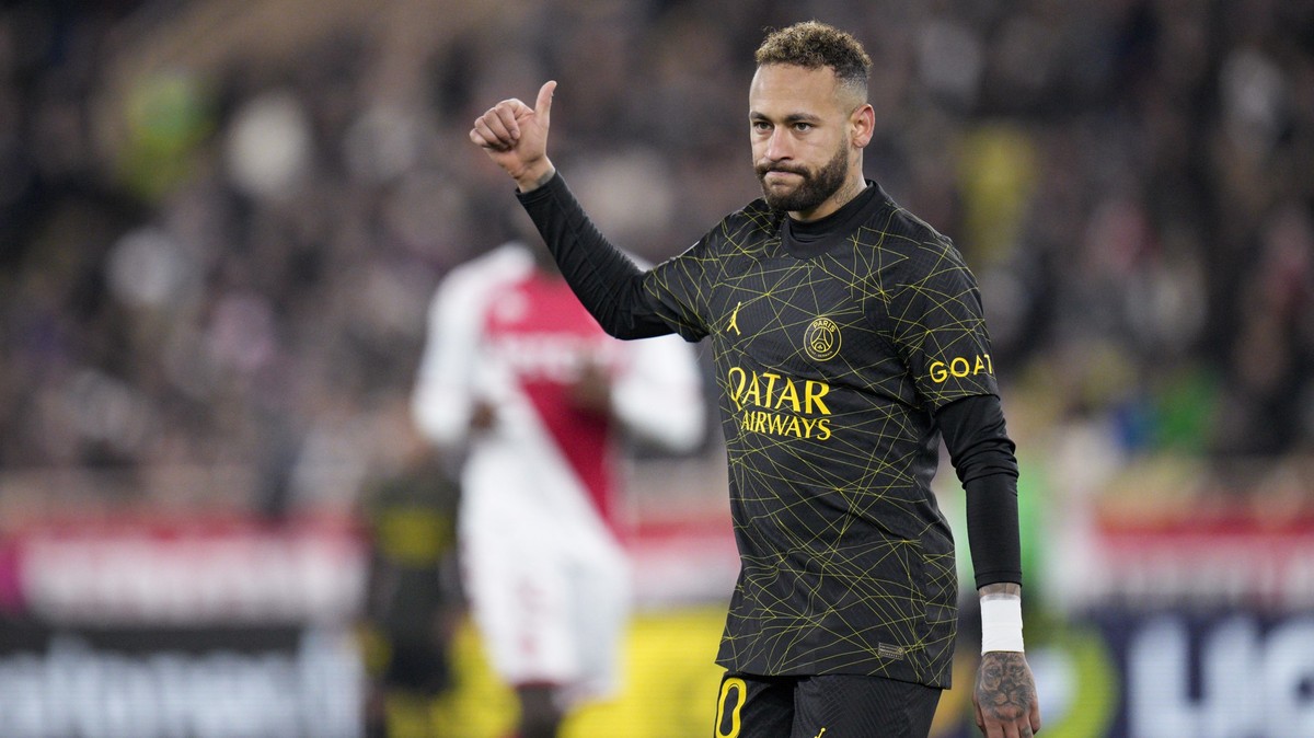 PSG&#039;s Neymar gestures during a French League One soccer match between Monaco and Paris Saint-Germain at the Stade Louis II in Monaco, Saturday, Feb. 11, 2023. (AP Photo/Daniel Cole)