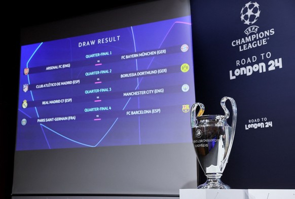 Soccer Football - Champions League - Draw For Quarter Final, Semi Final and Final - UEFA Headquarters, Nyon, Switzerland - March 15, 2024 General view of the Champions League trophy alongside the quar ...