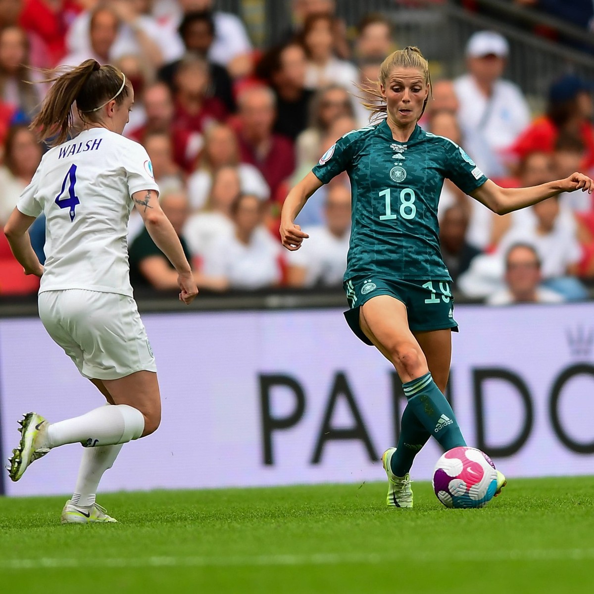 London, England, July 31st 2022: Tabea Wassmuth 18 Germany challenged by Keira Walsh 4 England during the UEFA Womens Euro 2022 Final football match between England and Germany at Wembley Stadium, Eng ...